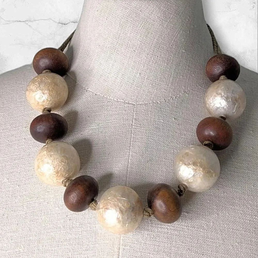 Natural Brown Wood & Cream Bead Mixed Media Necklace